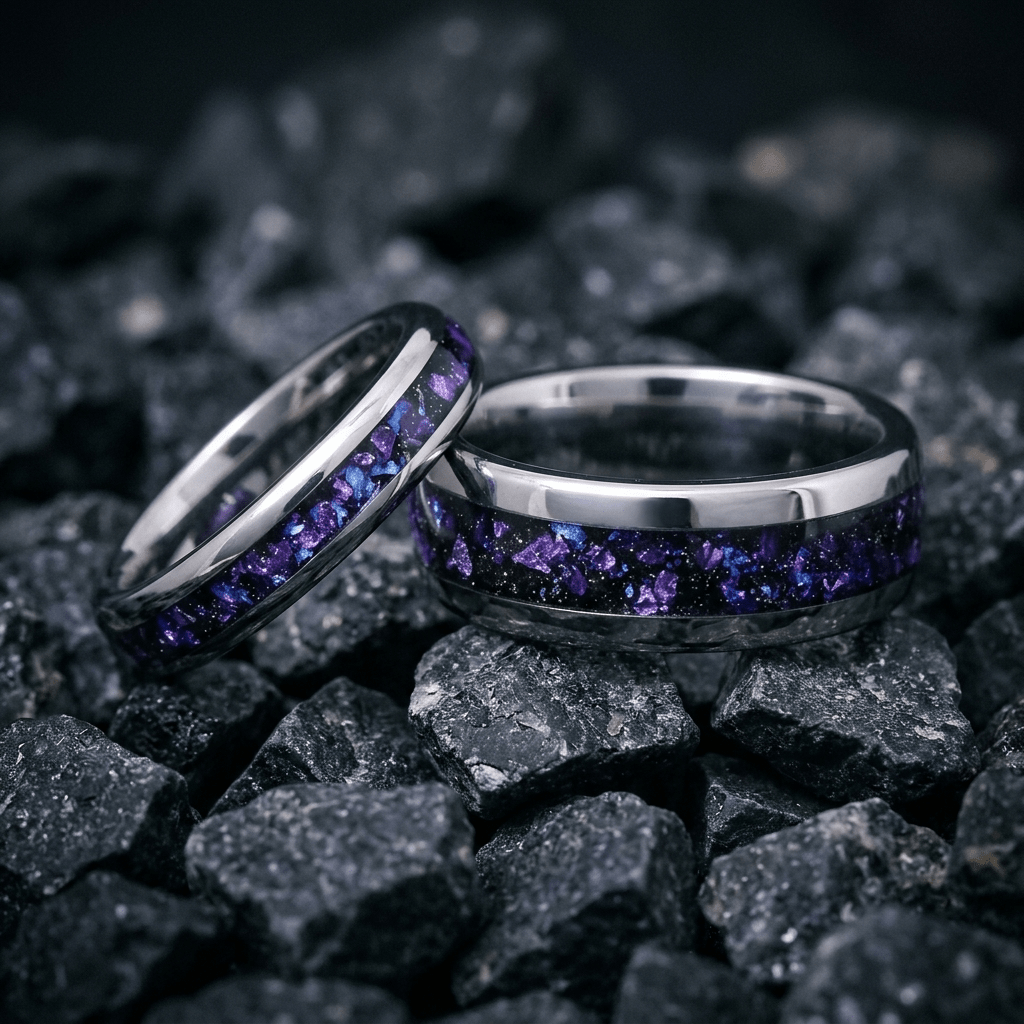 Orion Womens ring, Silver Tungsten Carbide, with crushed Alexandrite and Blue Sandstone inlay - Stellify Jewellery