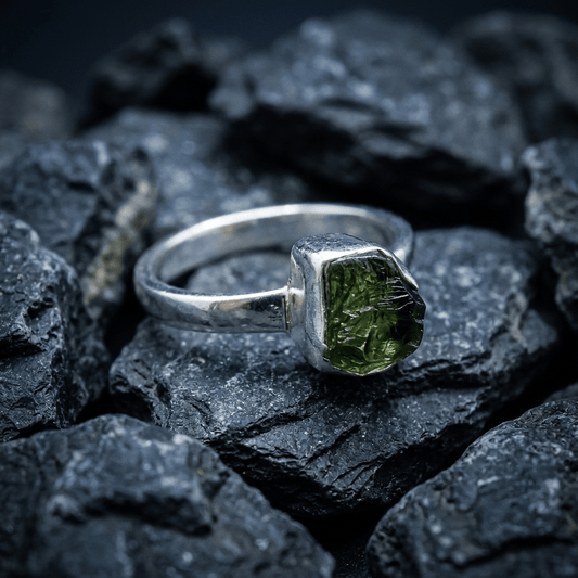 Raw Moldovite gemstone Sterling Silver ring - Stellify Jewellery