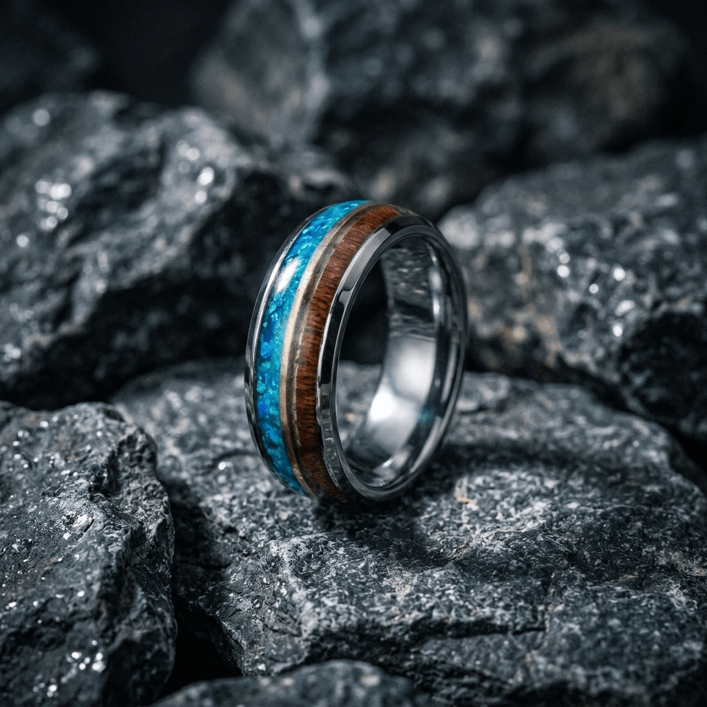 Silver mens 8mm ring, oak burl wood and turquoise dual inlay ring - Stellify Jewellery