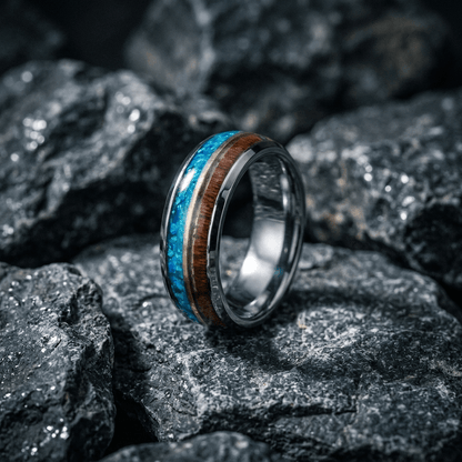 Silver mens 8mm ring, oak burl wood and turquoise dual inlay ring - Stellify Jewellery