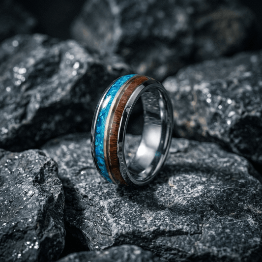 Silver mens 8mm ring, oak burl wood and turquoise dual inlay ring - Stellify Jewellery