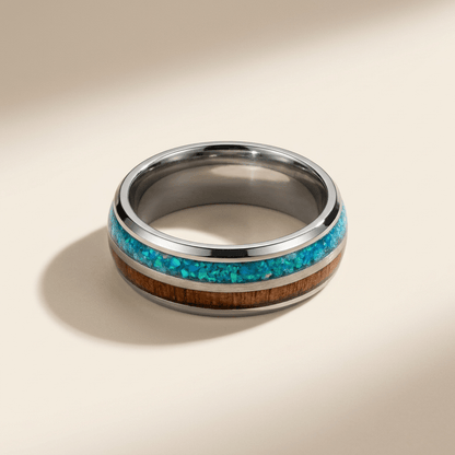 Silver mens 8mm ring, oak burl wood and turquoise dual inlay ring - Stellify Jewellery