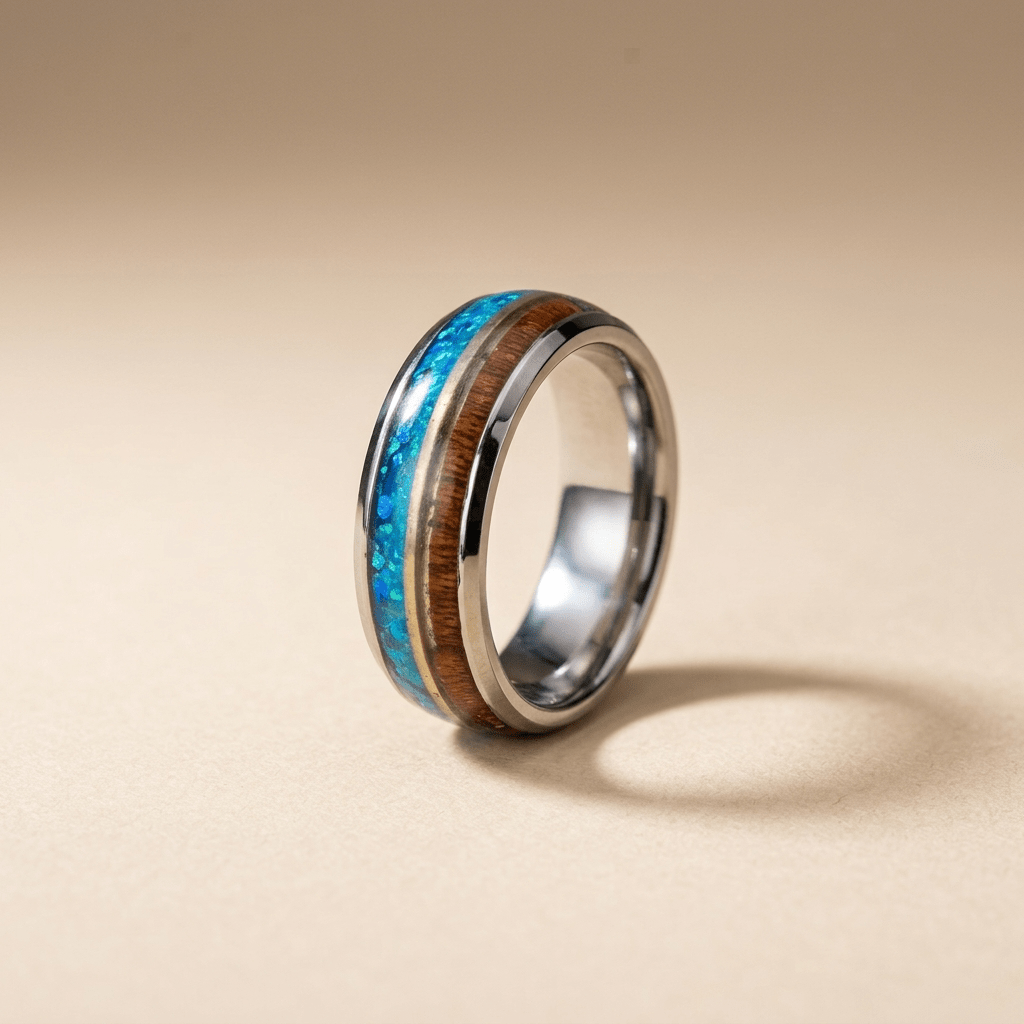 Silver mens ring, with crushed opal and bright turquoise inlay - Stellify Jewellery