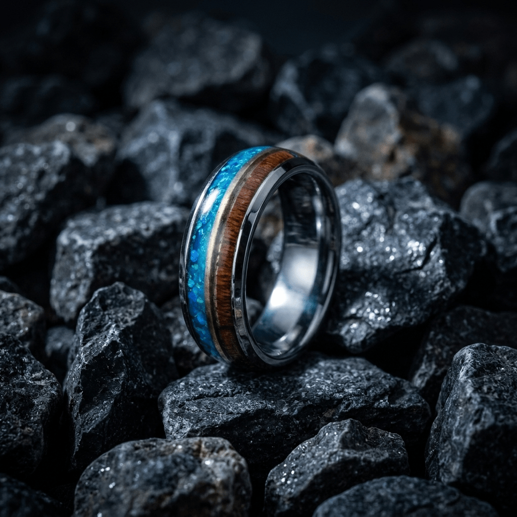 Silver mens ring, with crushed opal and bright turquoise inlay - Stellify Jewellery