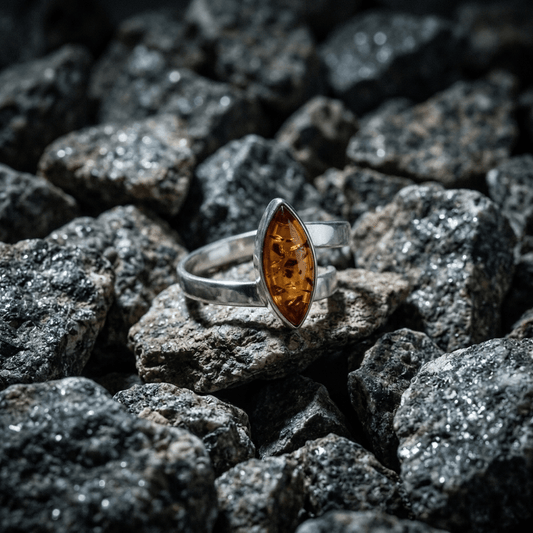 Sterling Silver Twist Ring with Amber Marquise Stone - Stellify Jewellery