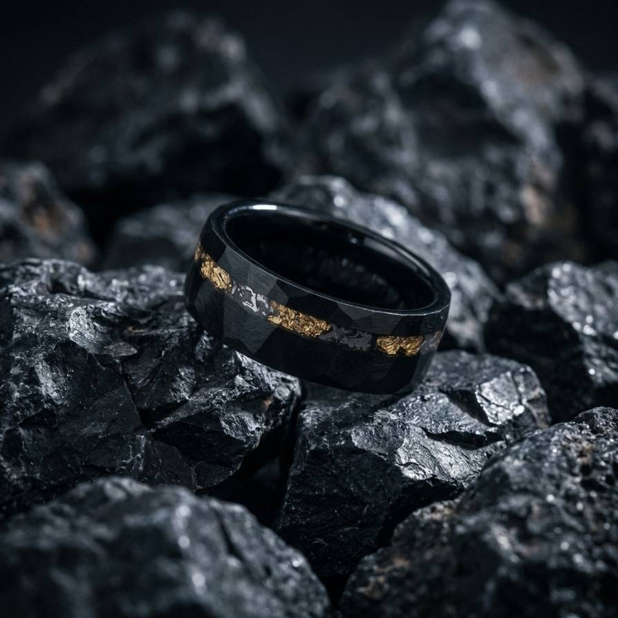 Thor, mens hammered, matt black and gold leaf Tungsten Carbide, ring - Stellify Jewellery