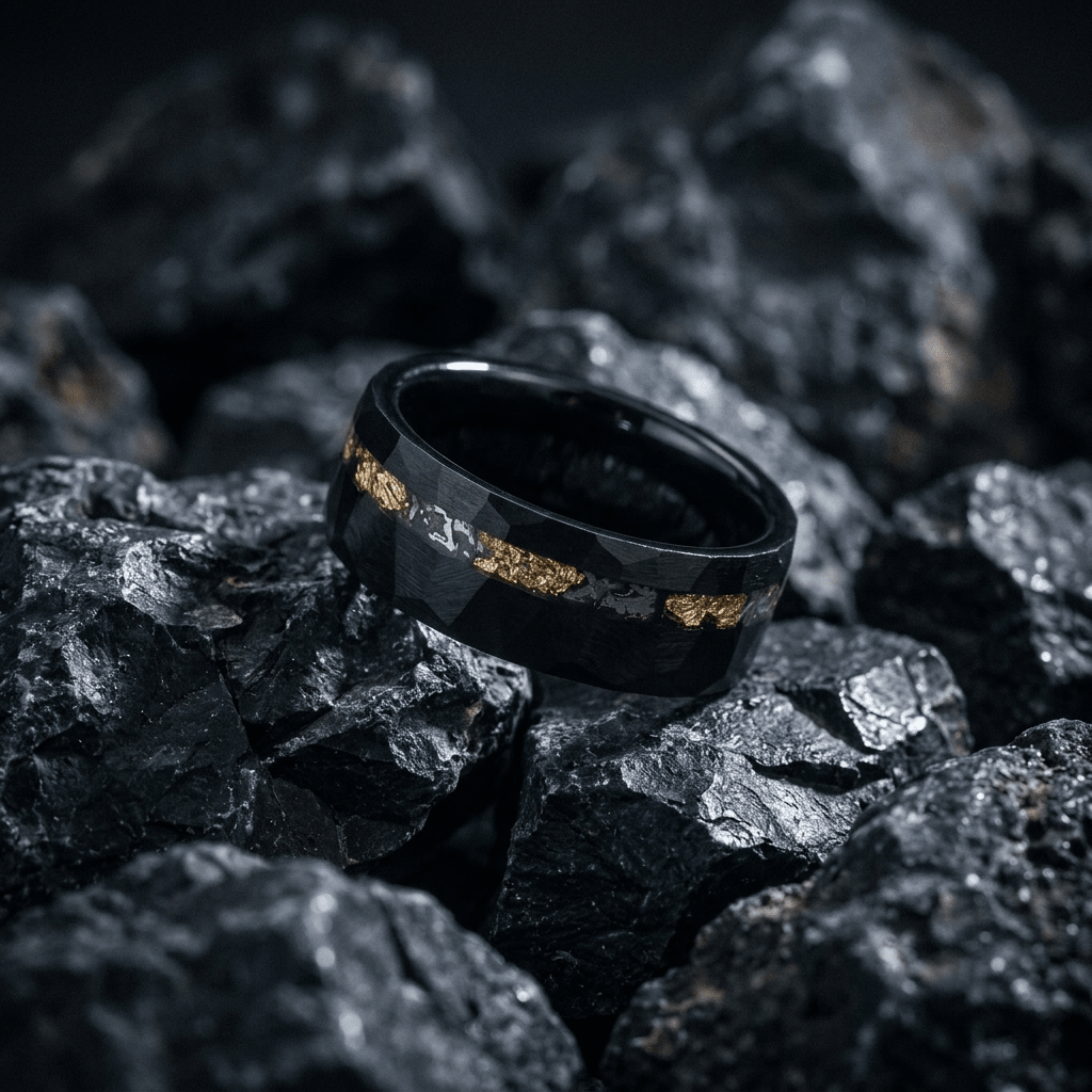 Thor, mens hammered, matt black and gold leaf Tungsten Carbide, ring - Stellify Jewellery