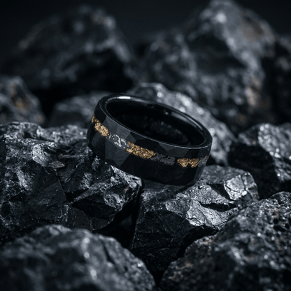 Thor, mens hammered, matt black and gold leaf Tungsten Carbide, ring - Stellify Jewellery