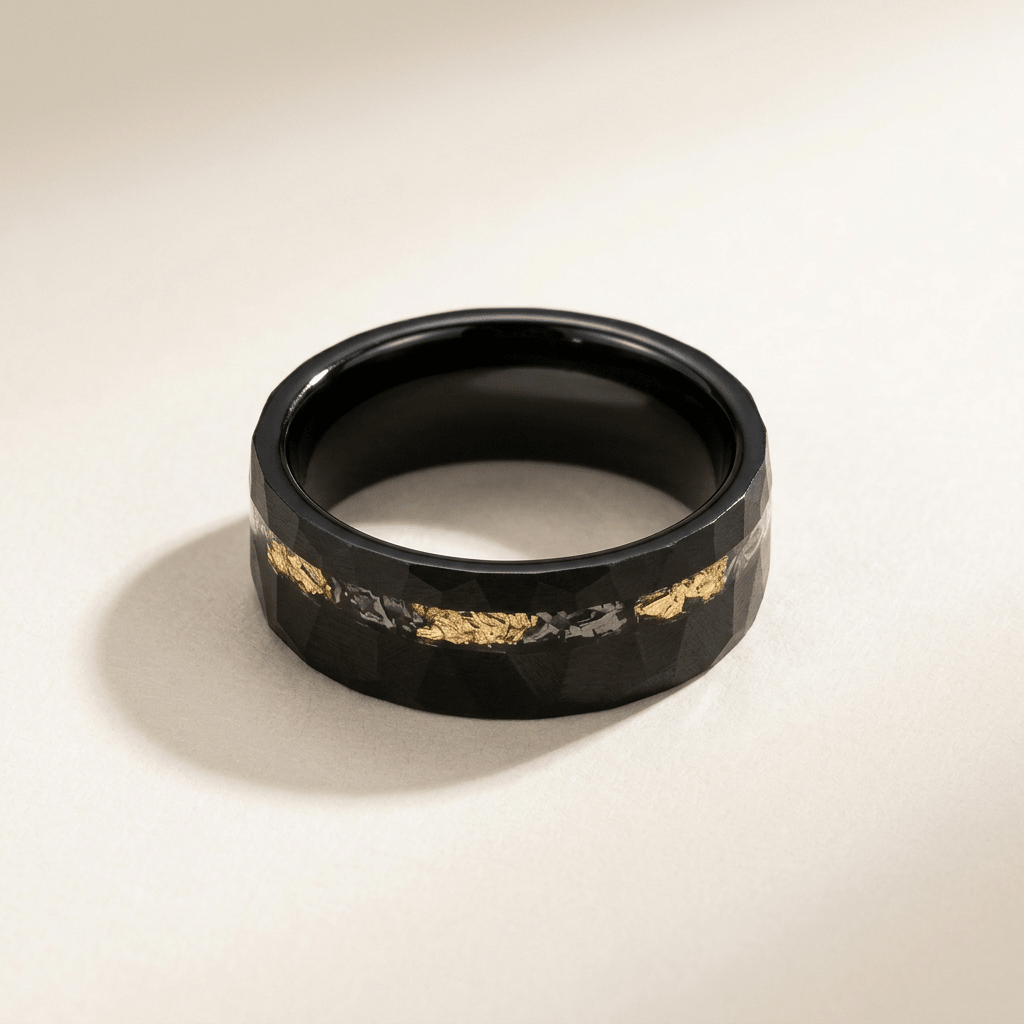 Thor, the mens 8mm, hammered, matt black and gold leaf 8mm, Tungsten Carbide ring - Stellify Jewellery