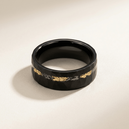 Thor, the mens 8mm, hammered, matt black and gold leaf 8mm, Tungsten Carbide ring - Stellify Jewellery