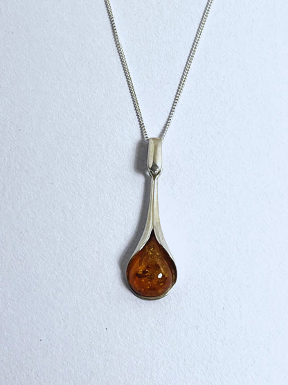 Sterling Silver Calla Lilly Amber Drop Pendant Necklace - Stellify