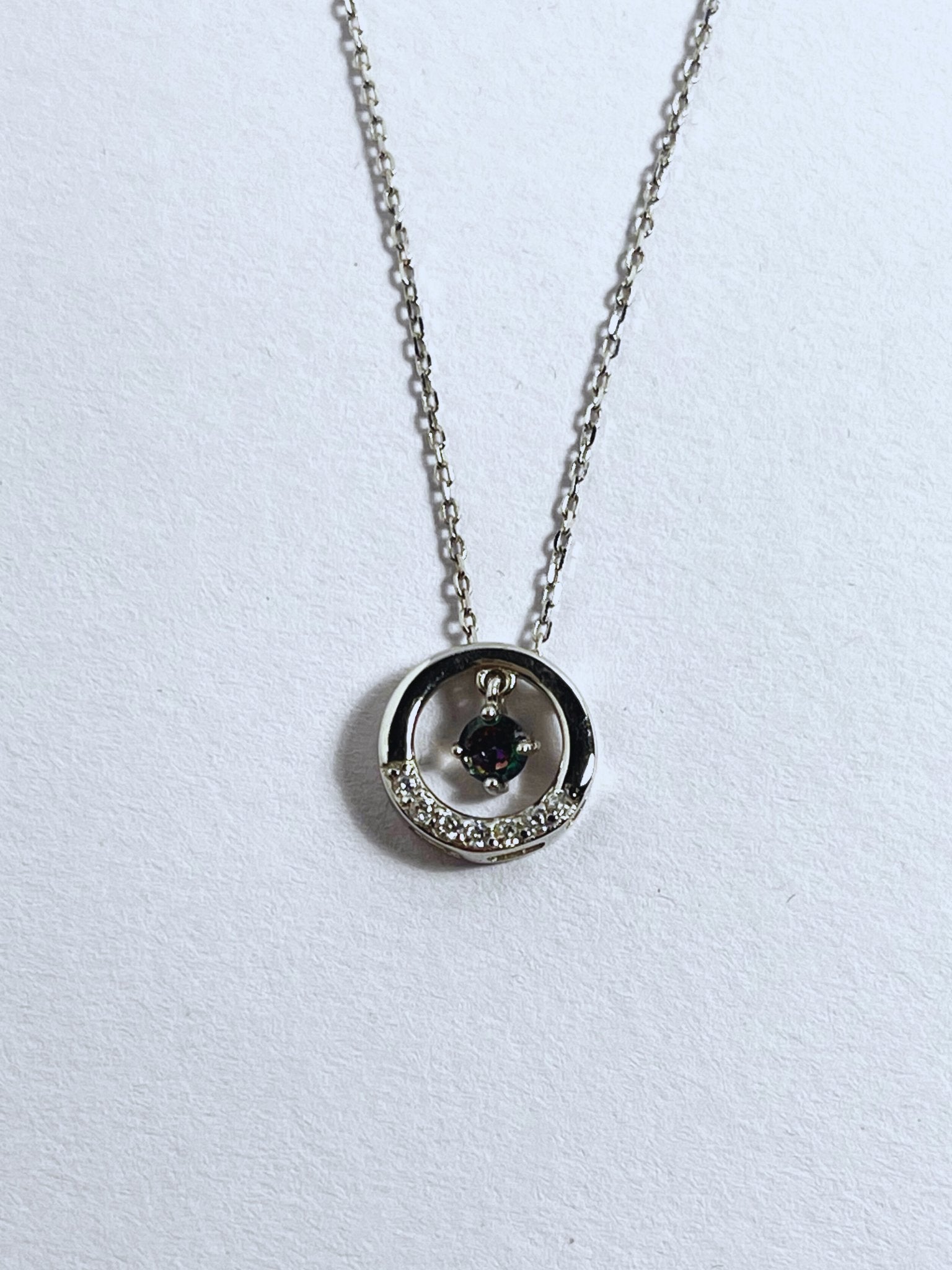 Sterling Silver Circle Pendant Necklace with Drop Mystic Topaz Stone - Stellify